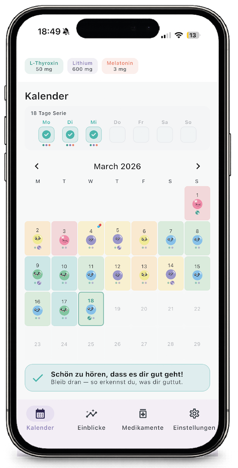 Screenshot of the App Medimood showing Kalender, Medication effect on Mood