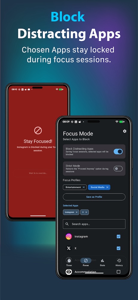 screenshot of focusly app showing the blocking screen and apps that can be blocked 