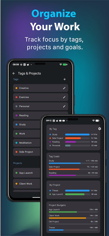 Screenshot of the App focusly showing how you can organise your work and projects