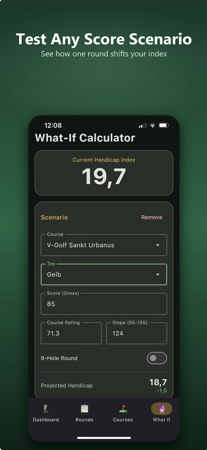 Handicap Projector feature showing future handicap based on hypothetical score